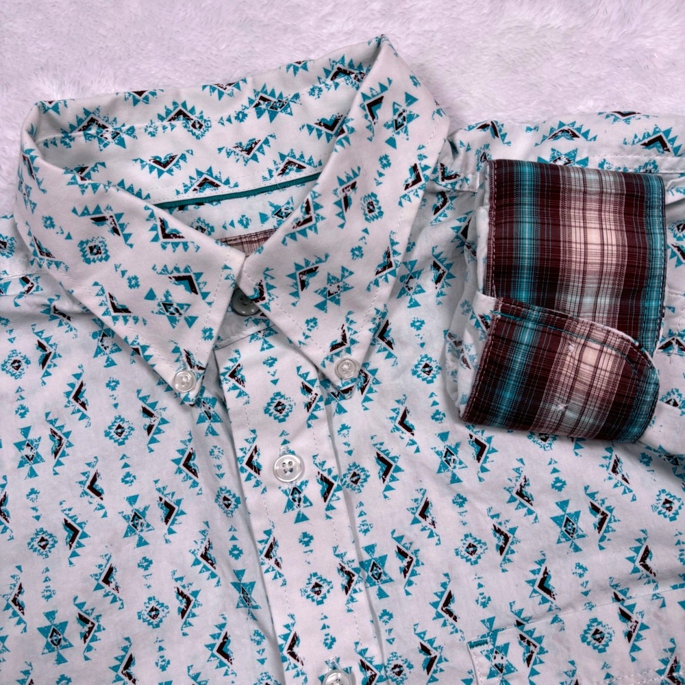 Panhandle Western Shirt Men M Aqua Blue Brown Aztec Southwestern Flip Cuff Rodeo